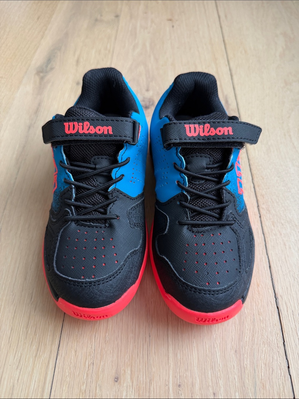 Wilson Kids Tennis Sneakers. Black, Blue & Bright Coral